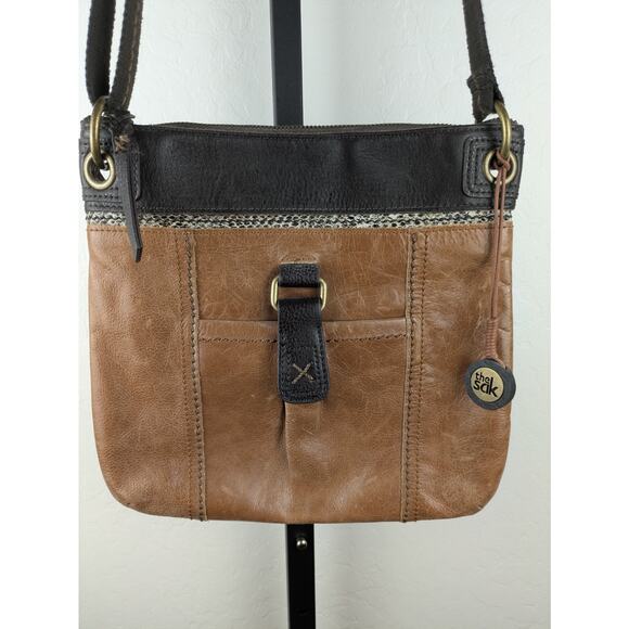 The Sak Kendra Crossbody Purse Distressed Two-Tone Brown Leather Messenger Bag - Picture 1 of 8